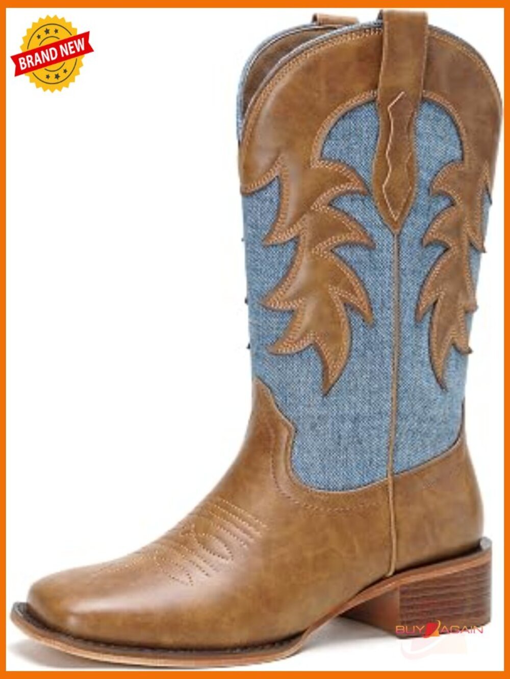 Women's Denim Patchwork Western Boots Square Toe Low Heel Mid-Calf
